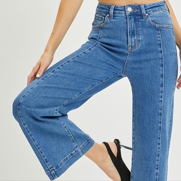 RISEN High-Rise Waist Blue Jeans Retro Wide Leg Front Seam Boyfriend Denim Pants - Picture 11 of 16